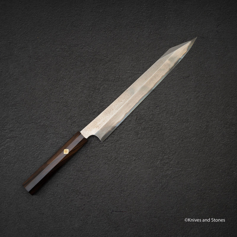 Nigara Anmon Kurozome Blue 2 Damascus Kiritsuke Yanagiba 270mm