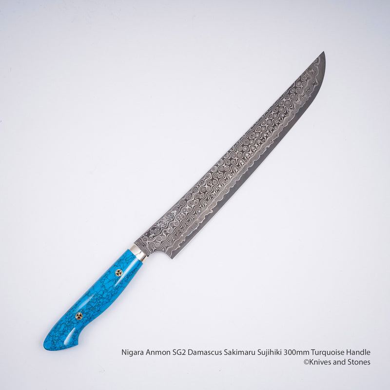 Nigara Anmon SG2 Damascus Sakimaru Sujihiki 300mm Turquoise Handle SP1