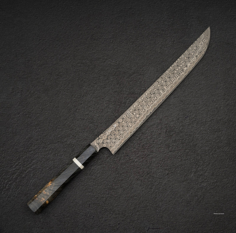 Nigara Anmon SG2 Raindrop Damascus Sakimaru Sujihiki 300mm