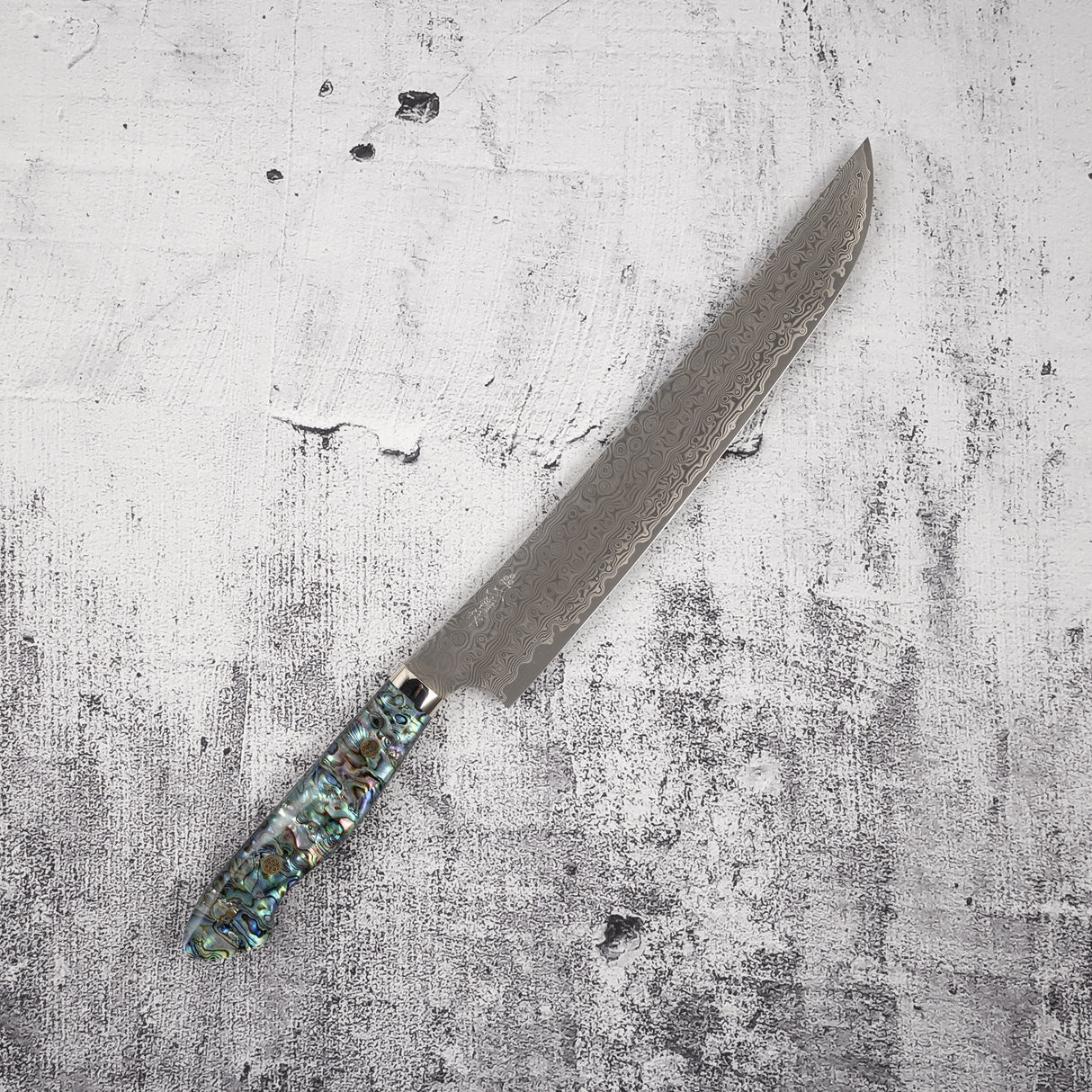二唐 暗紋 SG2 雨滴大馬士革 魚尾型筋引 270mm 珍珠母 西式柄