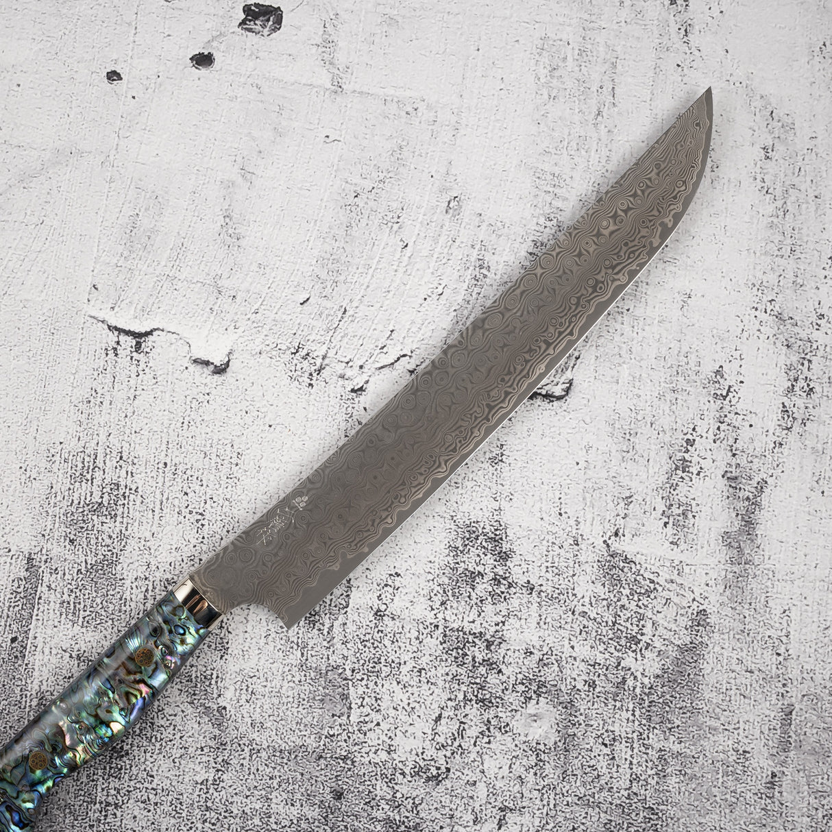 二唐 暗紋 SG2 雨滴大馬士革 魚尾型筋引 270mm 珍珠母 西式柄