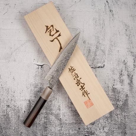 佐治武士 SG2鋼 / SG2粉末高速鋼 黑 大馬士革 小刀 / 蔬果刀 150mm 心-形 鐵木 柄