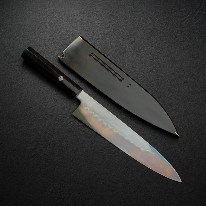 極品：池田美和白鋼一號水本燒返切付牛刀 240mm 黑檀木套組
